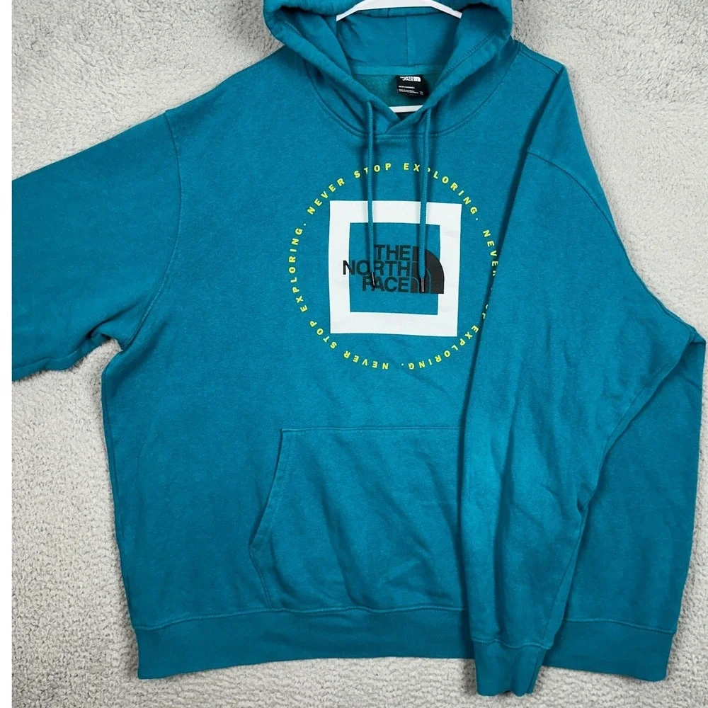 The North Face Hoodie Mens 2XL Teal Blue Never Stop Exploring Graphic Sweatshirt